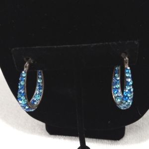 JCM Brass Blue Crystal Hoop Earrings W/French Lock Clousure